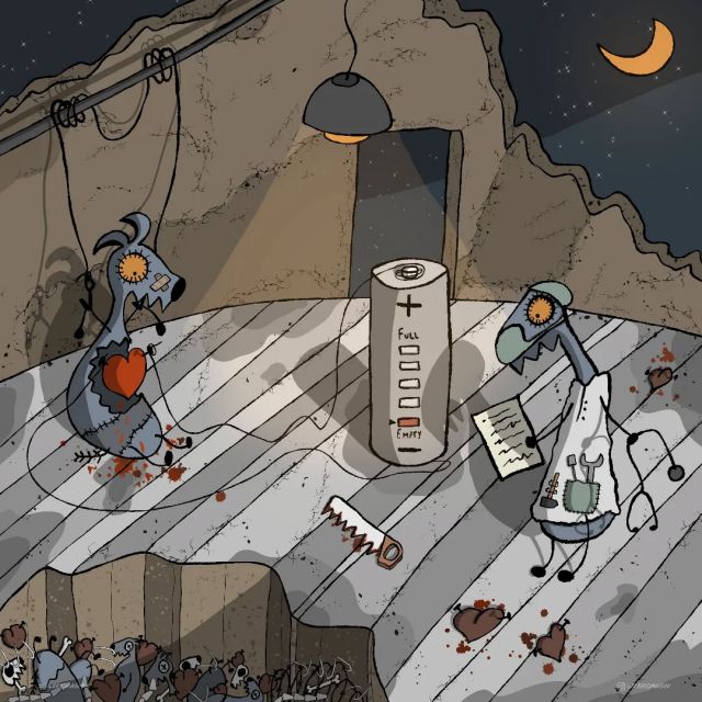 Le parole al vecchio cuore non servono più.
Un ultimo tentativo di rianimazione, prima di decidere se buttarlo via per sempre.
Un cuore stanco, che ha tanto vissuto… si può davvero ricaricare come una batteria scarica?

Mentre la Luna silenziosa osserva, Wolfy si chiede se esista una riparazione in garanzia.
Se, da qualche parte, ci sia davvero una clinica per cuori difettosi e sentimenti da ricostruire.

Words are no longer of use to this old heart.
One last attempt at resuscitation, before deciding whether to throw it away forever.
A weary heart, one that has lived so much… can it really be recharged like a dead battery?

While the silent Moon watches, Wolfy wonders if a warranty repair is possible.
If somewhere, a clinic truly exists for defective hearts and feelings in need of repair.

#Wolfy #illustration #illustrazione #artforlife #sentimenti #heartrepair #cuoreinfranto #emotionalart #melancholy #darkart #poeticart #conceptart #artforreflection #artwithmeaning #moonlight #lonelywolf #batterylow #illustrationoftheday #artlovers #artistsoninstagram #illustragram #storieillustrate #repairinghearts #sadandbeautiful #dramaticart #lostandfound #artwithsoul #mysticalart #illustrationforlife #theartofemotion